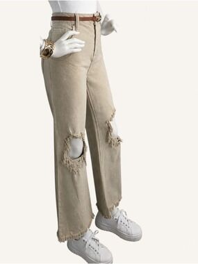 Risen Taupe Distressed Crop Jeans High Rise Raw Hem 0/24 NWT